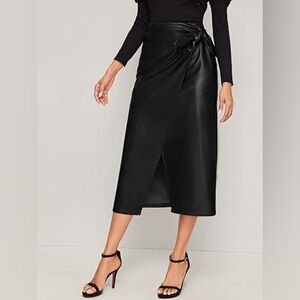 SweatyRocks Elegant High Waist Knot Side Wrap PU Leather Midi Skirt Black